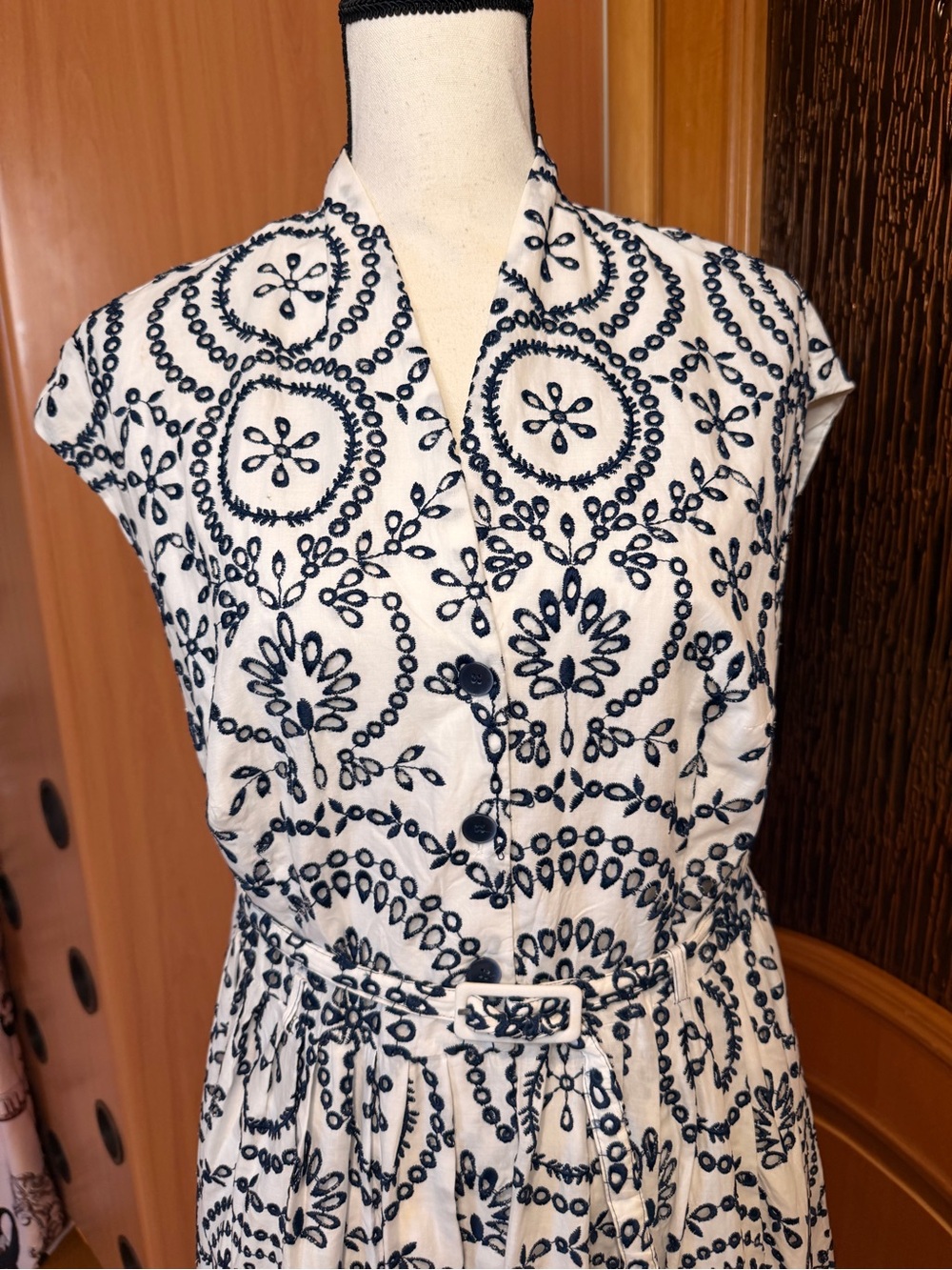 Zara ZW collection Embroidery belted Dress White & Dark navy Sz XL - Picture 2 of 16